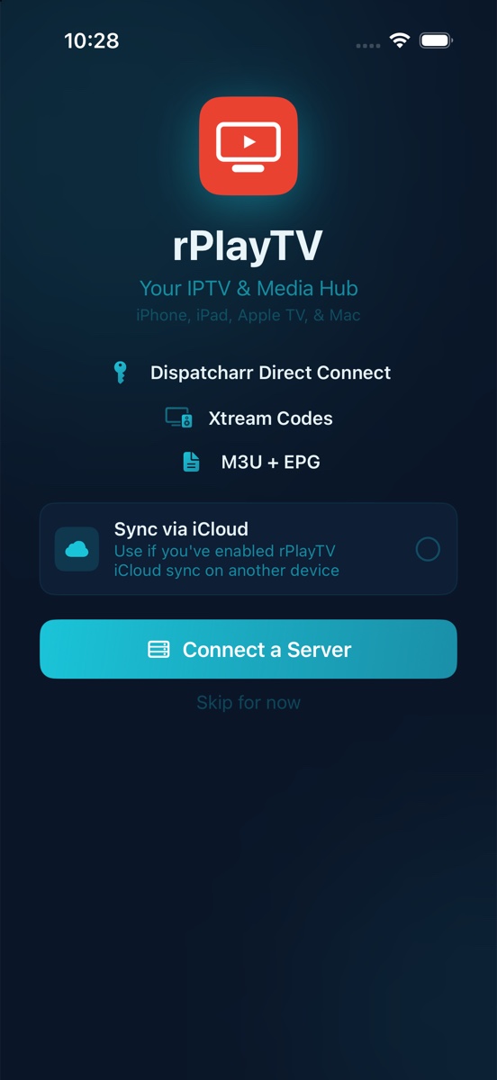 rPlayTV welcome screen with a Connect a Server button