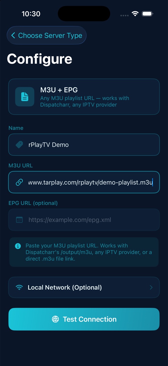 The configure screen with a name and M3U URL filled in