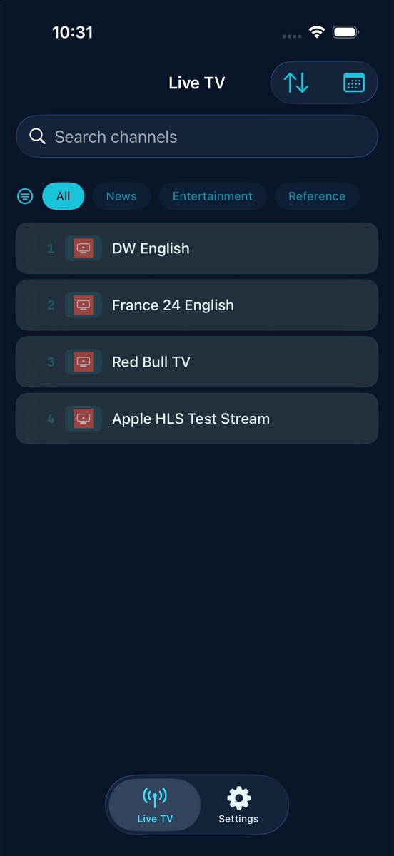 The Live TV channel list